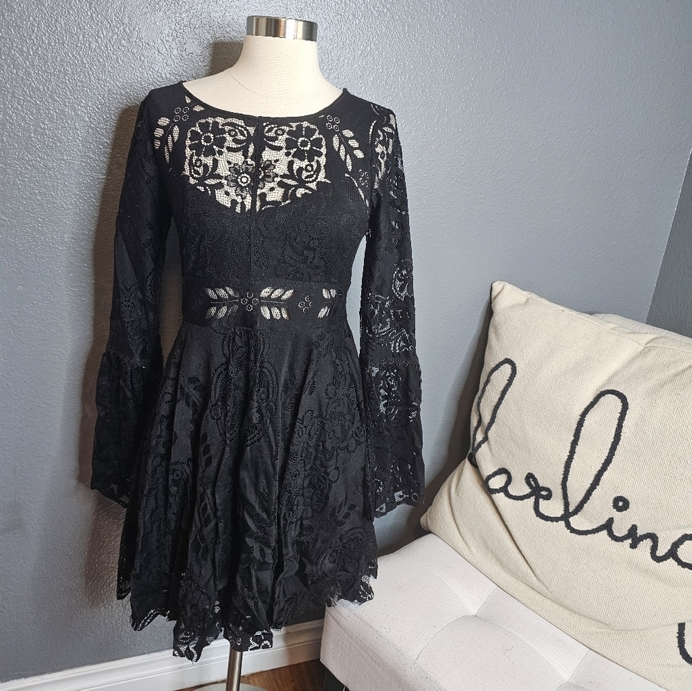 Free People Black Lace Long-Sleeve Mini Dress